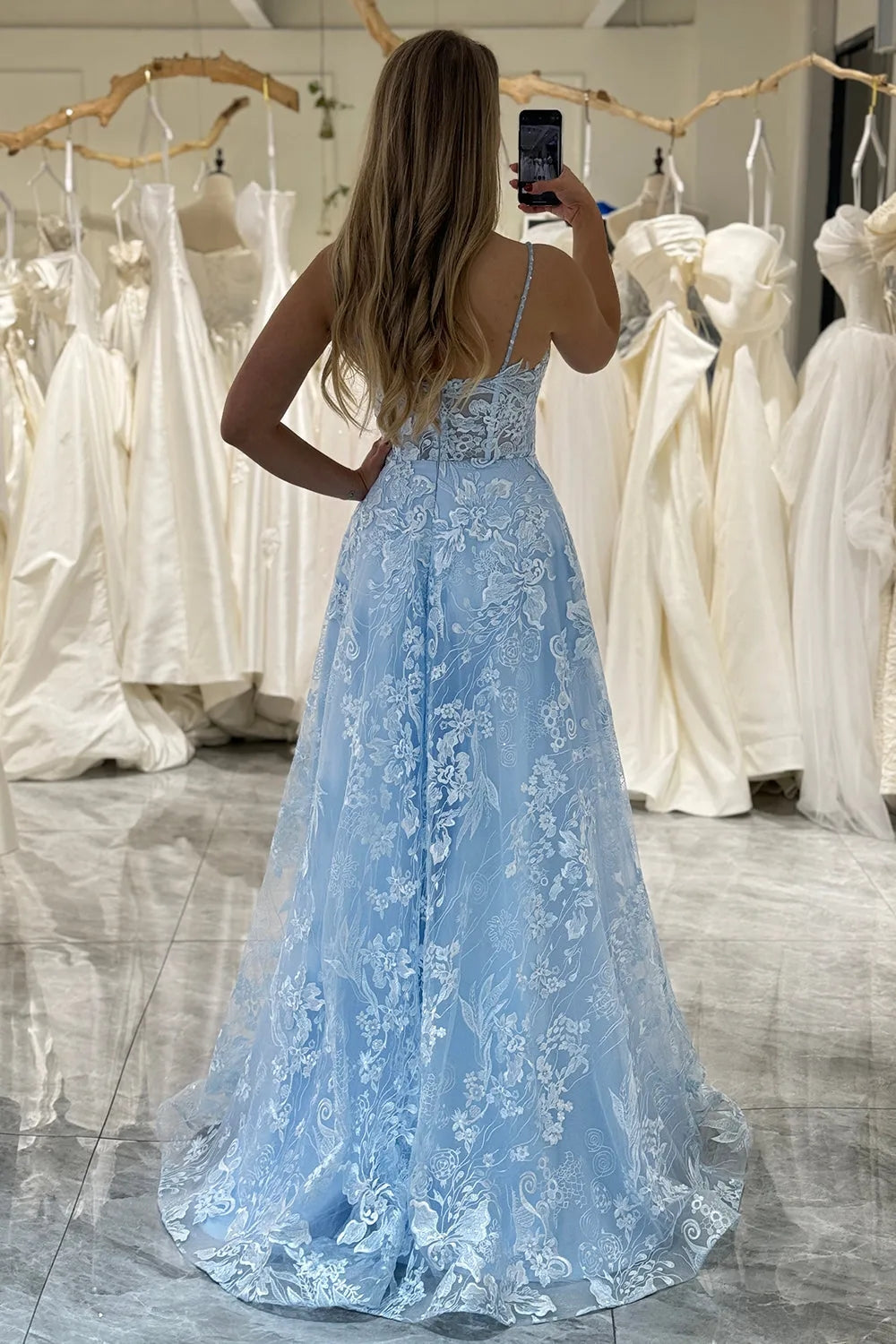Luolandi A Line Long Corset Prom Dress With Appliques Charming Evening Party Dress